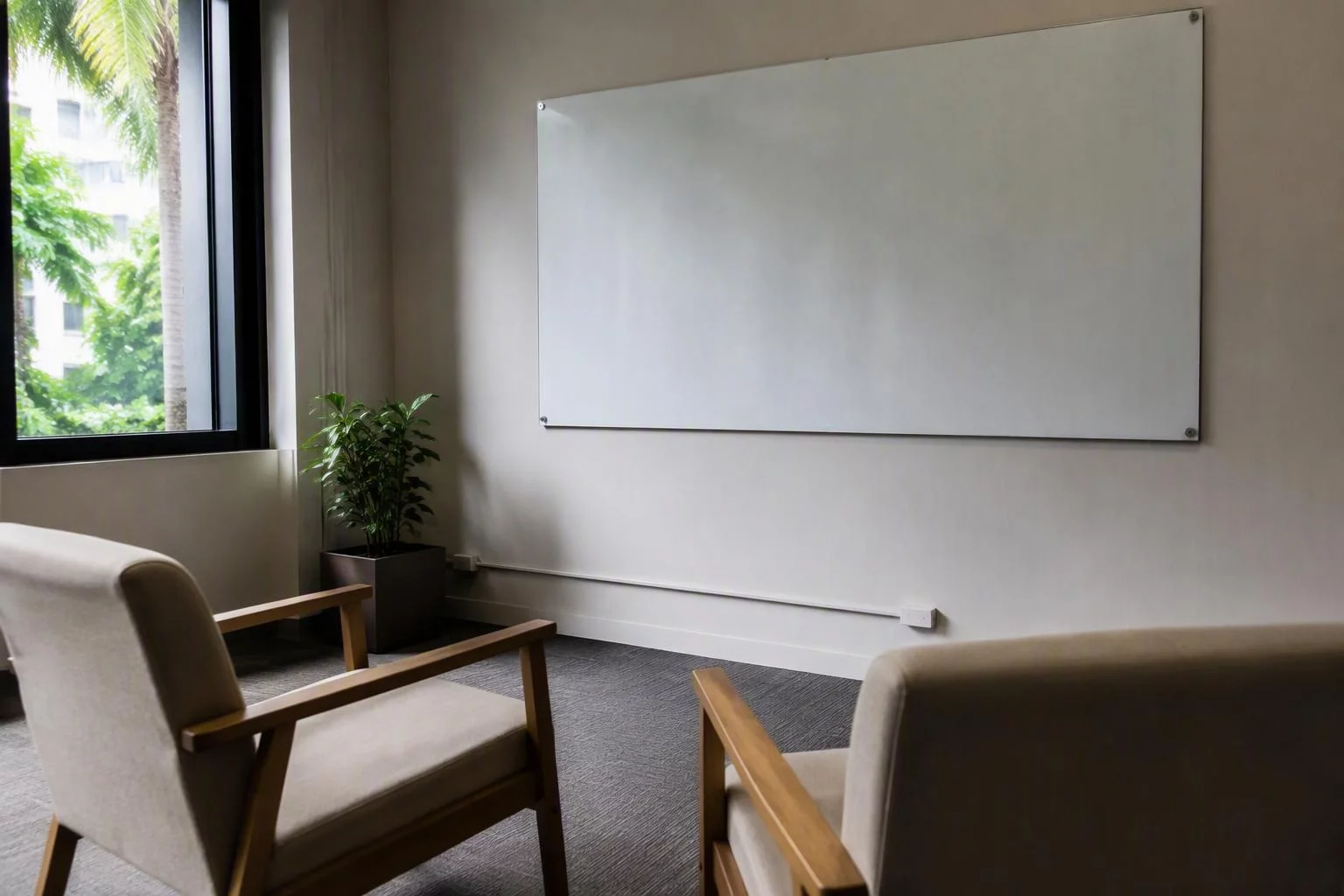 Duas poltronas de frente para o quadro branco de uma sala pequena