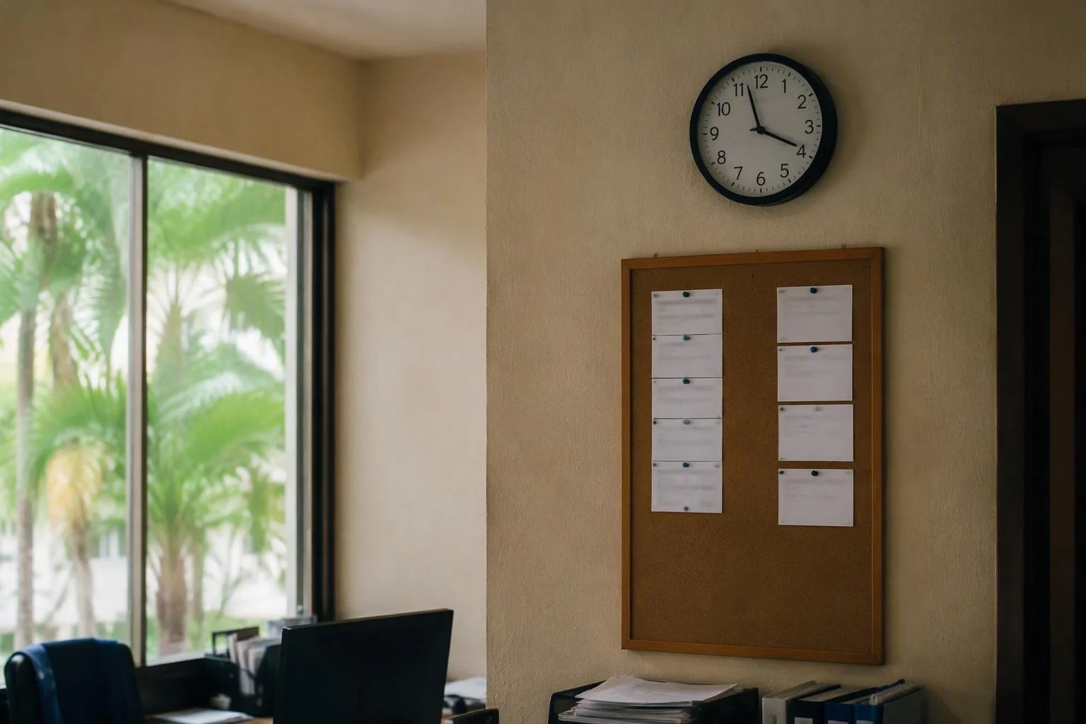 Relógio de parede sobre o quadro de avisos da sala de operação