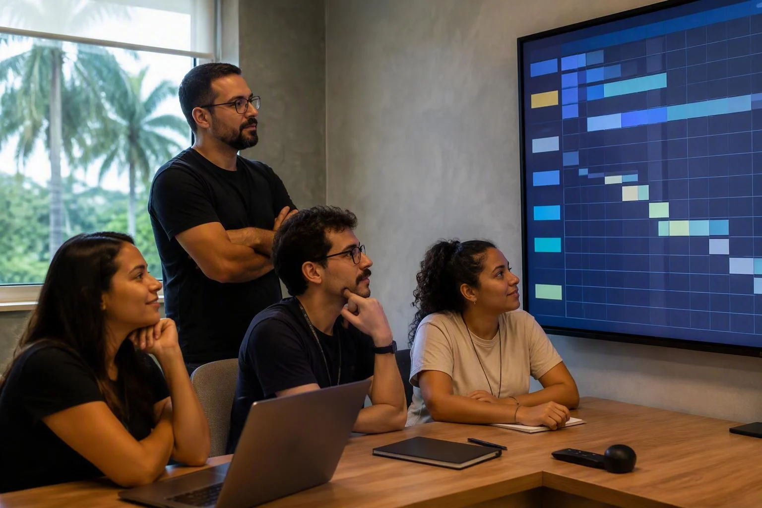 Equipe acompanhando o quadro de acompanhamento no dia do lançamento